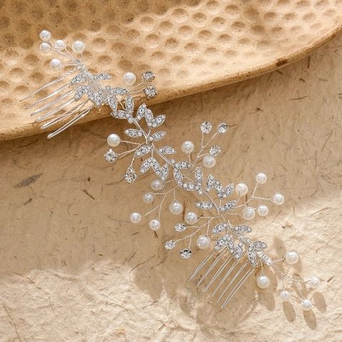 Pettini per Capelli da Sposa in Argento Fatti a Mano Con Strass e Perle Artificiali Tocado Floreale da Sposa per Donna