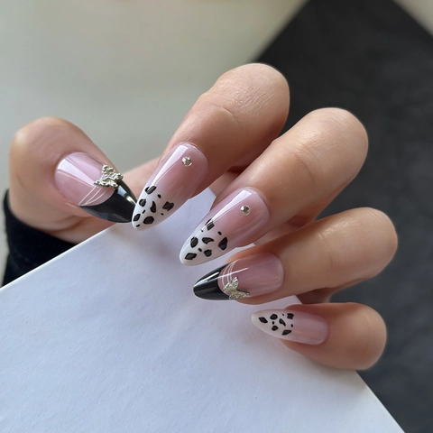 Long Almond Press On Nails Black French Tip Milk Cow Pattern 3D Butterfly Rhinestones Handmade False Nails Set For Women Daily Party Nail Art Kit