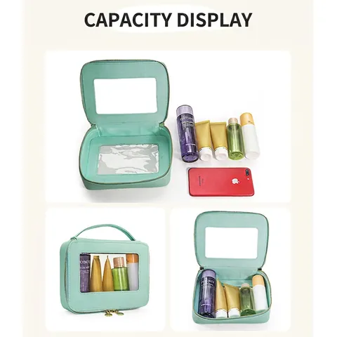 Tragbare Kosmetiktasche PU Leder Transparentes PVC Fenster Reise Make-Up Organizer Mit Goldener Reißverschluss Aufbewahrung