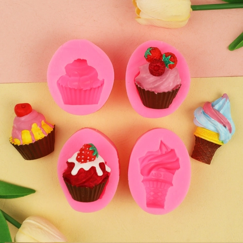 Strawberry Ice Cream And Cupcake Silicone Fondant Molds DIY Handmade Chocolate Mousse Candle Soap Craft Baking Tool