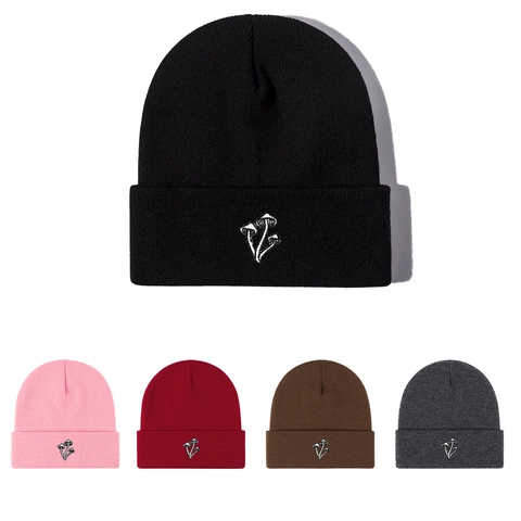 Unisex Herfst Winter Gebreide Beanie Muts Paddenstoel Borduurwerk Warm Acryl Casual Trendy Cuff Beanie Zachte Muts