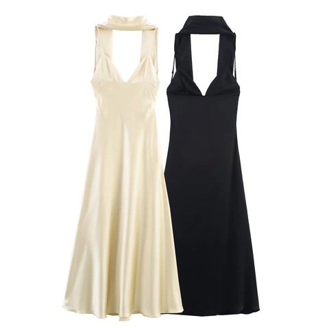 Satin Halter Neck V-Neck Midi Dress For Women Sexy Backless Tie Back A-Line Elegant Party Evening Cocktail Summer Dress Champagne Black