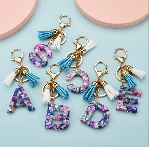 Llavero de Resina con Letra del Alfabeto con Piedras de Colores Incrustadas y Borla Metal Chapado en Oro Colgante de Bolso Joyería Mujer