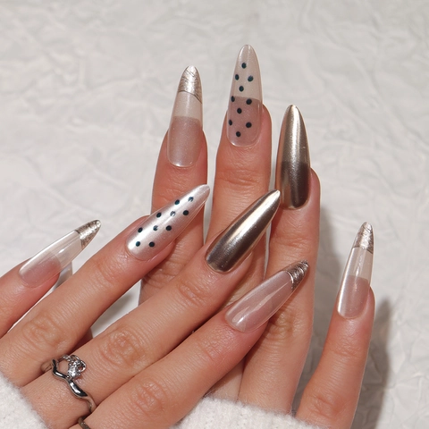 Stiletto Press On Nails Champagne Gold Mirror Finish Polka Dot French Tip Glossy ABS False Nails Reusable Manicure For Women