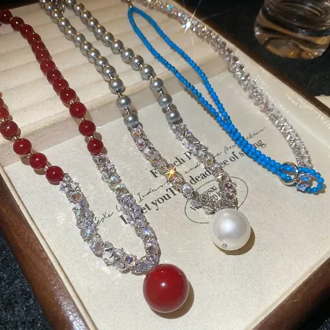 Zircon Glass Artificial Pearl Round Beaded Pendant Necklace Vintage Stone Crystal Elegant Clavicle Chain Jewelry For Women