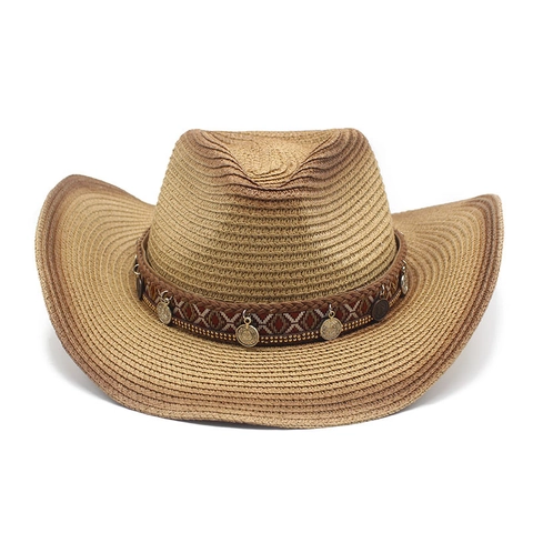 Chapeau De Paille De Cowboy Occidental Avec Bande Brodée Ethnique Et Pièces En Métal Large Bord Protection Solaire Style Bohème