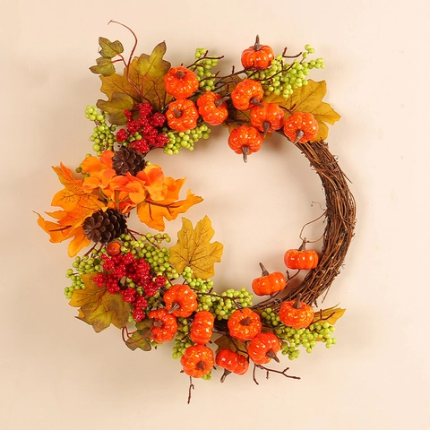 Artificial Autumn Wreath With Pumpkin Maple Leaves Pine Cones And Berries Rattan Base Thanksgiving Halloween Hanging Decor