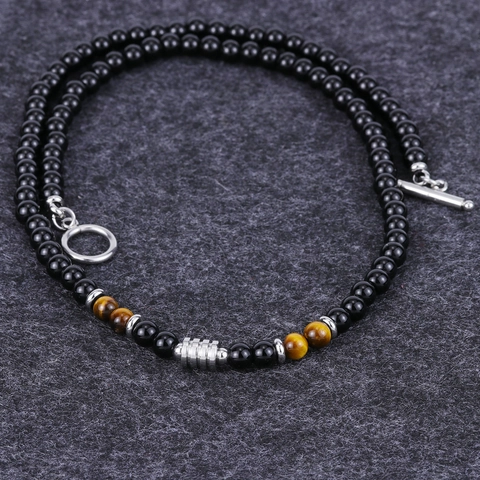 Beaded Necklace Natural Tiger Eye Stone Black Beads Stainless Steel Hip Hop Fashion Jewelry For Men