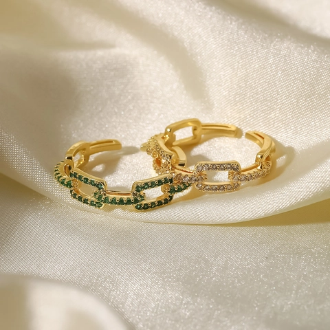 Anello A Catena Vintage Placcato Oro 18K Acciaio Inossidabile Zirconia Aperto Regolabile Gioielli Eleganti Per Donna