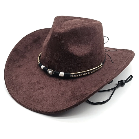 Western Cowboy Hat Suede Wide Brim Adjustable Chin Strap Braided Band Artificial Pearl Ethnic Style For Men Women