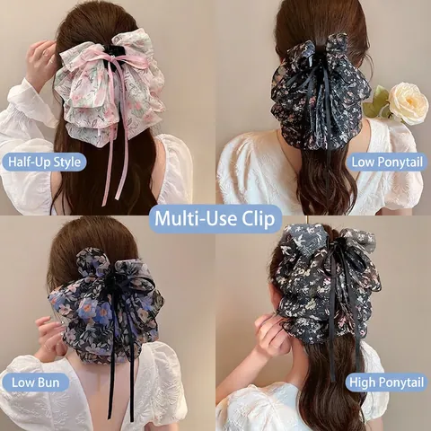 Grote Haarklem Met Strik Bloemen Chiffon Elegant Lang Lint Zoete Haaraccessoires Voor Dames