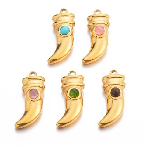 Wolf Tooth Horn Pendants Stainless Steel Natural Stone Inlaid Gold Plated Bohemian DIY Jewelry Findings For Women