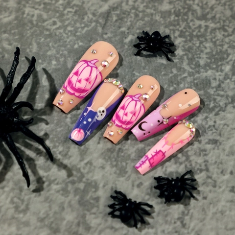 Halloween Press On Nails Forma A Bara Lunga Fantasma Zucca Cuore Luna Modello Rhinestone Rosa Viola Unghie Finte