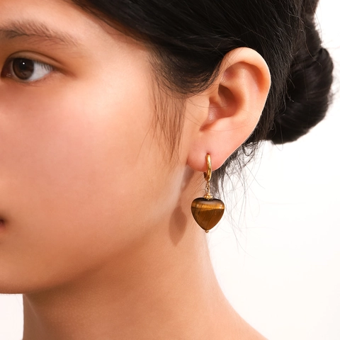 Retro Dangle Stud Earrings Waterproof Stainless Steel With Natural Tiger Eye Stone For Women Heart Tassel Boho Style