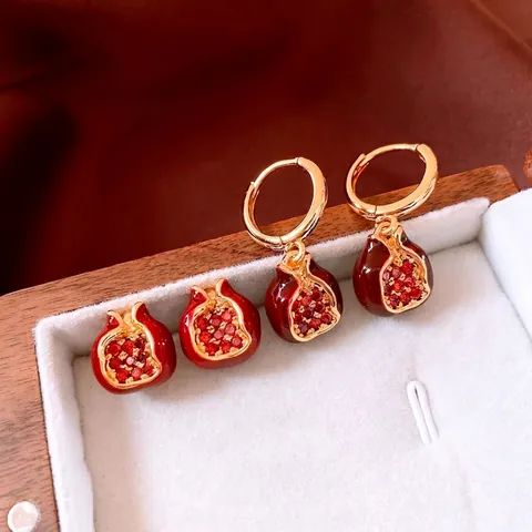 Vintage Granatapfel Frucht Creolen Mit Silbernen Ohrsteckern 18K Vergoldetes Kupfer Rote Emaille Zirkon Für Damen