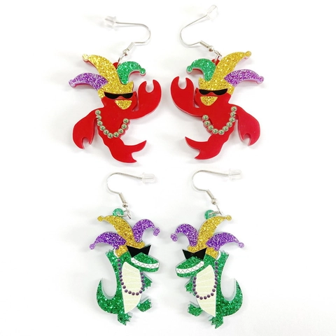 Pendientes Colgantes Mardi Gras Carnaval Acrílico Langosta Cocodrilo Pelícano Sombrero Bufón Brillo Joyería Con Poste De Acero