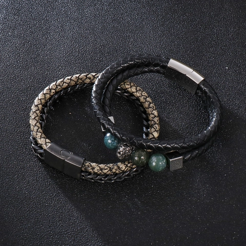 Pulsera Para Hombre Doble Capa Cuero Trenzado Cadena Acero Inoxidable 316L Cabeza De León Piedra Natural Cierre Magnético