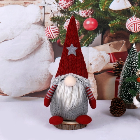 Christmas Gnome Doll Knitted Plush Figurine Wood Base Long Beard Desktop Window Ornament Holiday Home Decor