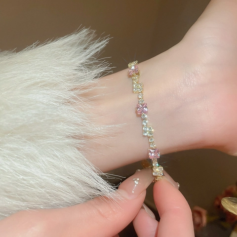 Elegant Square Pink Zircon Tennis Bracelet Copper Gold Plated Luxury Geometric Jewelry For Women