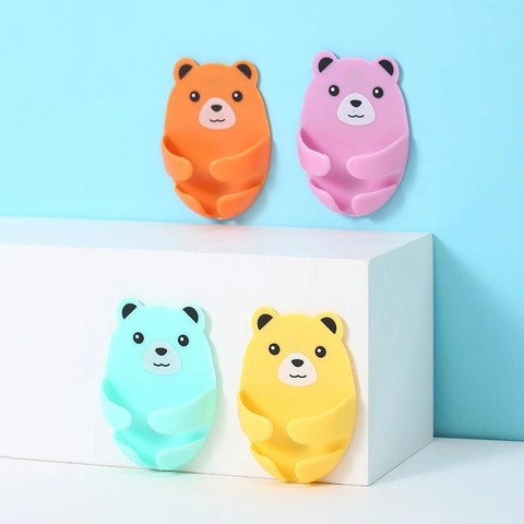 Cartoon Bear Wall Mounted Power Plug Holder Cable Organizer Self Adhesive Multi Functional Plastic Hooks