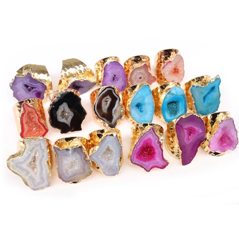Natural Druzy Agate Adjustable Ring Irregular Raw Stone Hammered Gold Plated Copper Bohemian Vintage Jewelry For Women