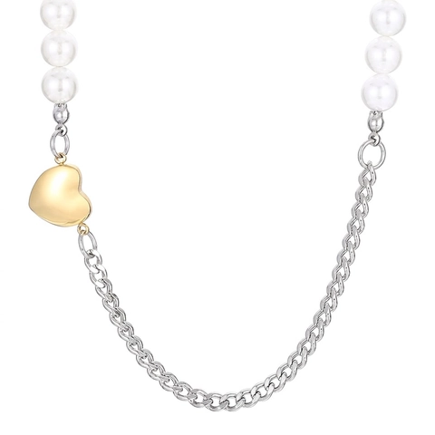 Heart Pendant Necklace Stainless Steel White Faux Artificial Pearl Patchwork Cuban Chain Elegant Fashion Jewelry Gift For Women