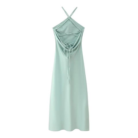 Elegantes Minzgrünes Satin Halfter Maxi Kleid Mit Seitenschlitz Gerüscht Hohe Taille Rückenloses Ärmelloses Party Abend Damen