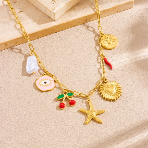 Collar De Acero Inoxidable Con Múltiples Colgantes Chapado En Oro Esmalte Cereza Ojo Turco Estrella De Mar Perla Artificial Corazón Abeja Mujer