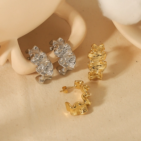 Stainless Steel C Shape Earrings For Women 18K Gold Plated Irregular Wrinkled Texture Wavy Minimalist Artistic Jewelry