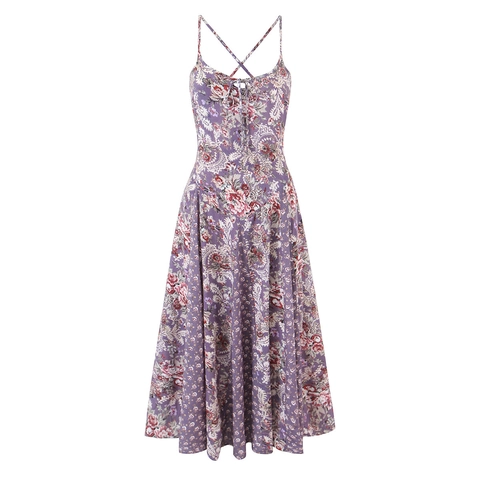 Paarse Bloemen Paisley Print Rayon Maxi Jurk V-Hals Tie-Front Rugloos Kruisbandjes Boheems Vintage Mouwloos Dames