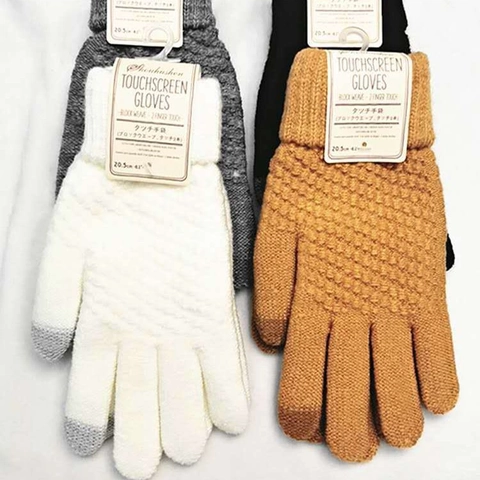Women Men Winter Warm Knitted Touchscreen Gloves Thickened Fleece Lined Jacquard Pattern Solid Color Outdoor Mittens