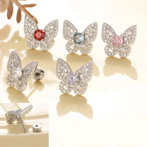 Butterfly Stud Earrings Shiny Zircon Inlaid Copper Jewelry With Titanium Steel Screw Back Post For Women