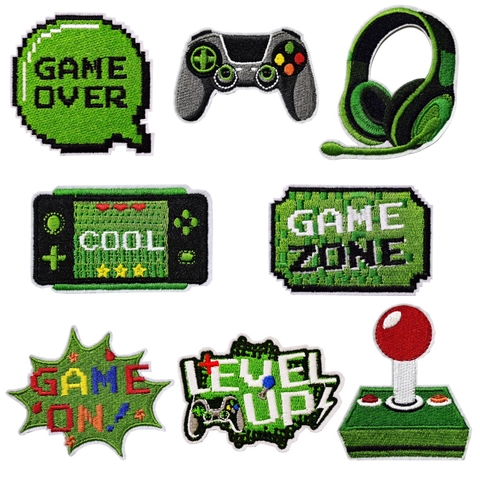 Embroidered Patches Game Controller Console Headset Shape Green Pixel Style Iron On Sew On Clothing Repair Applique