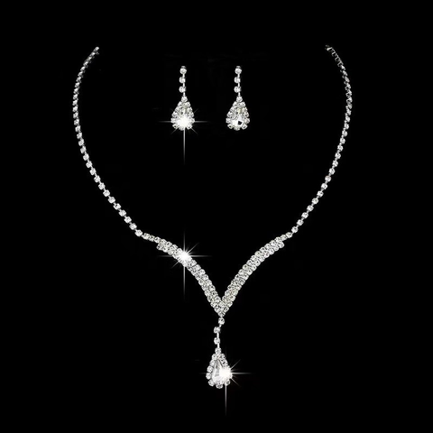 Rhinestone Necklace And Earrings Copper Acrylic Silver Plated Bridal Wedding Elegant Water Drop Pendant Women
