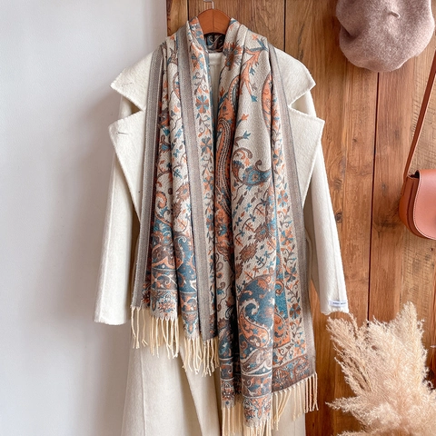 Chal Étnico Vintage Paisley con Borlas Mujeres Bufanda de Imitación de Cachemira para Viaje Vacaciones Invierno Cálido Capa Larga