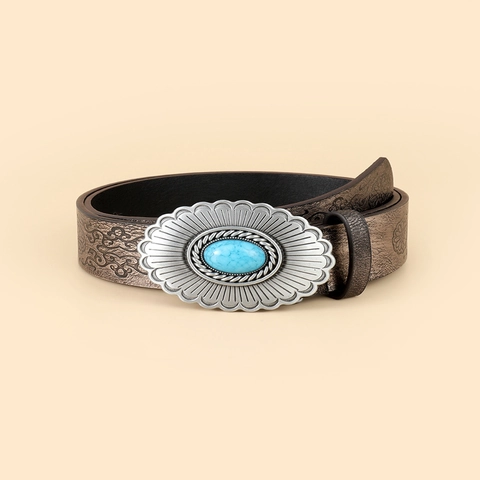 Western Gürtel Damen Vintage Geprägt Kunstleder Türkis Blume Legierung Schnalle Retro Ethno Stil Accessoire