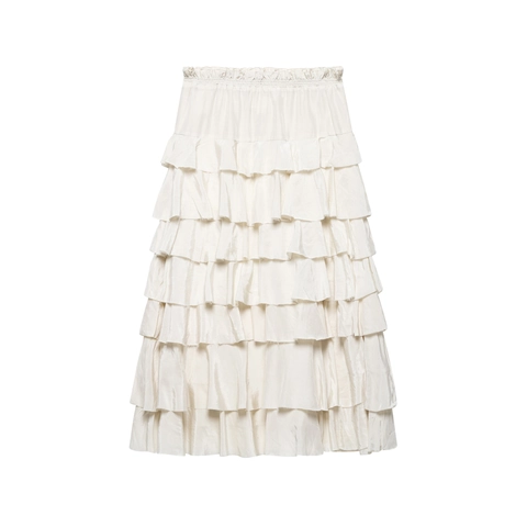 Women Layered Tiered Ruffle Skirt Elastic High Waist Long Cake Skirt Satin Texture Elegant Solid Color Creamy White