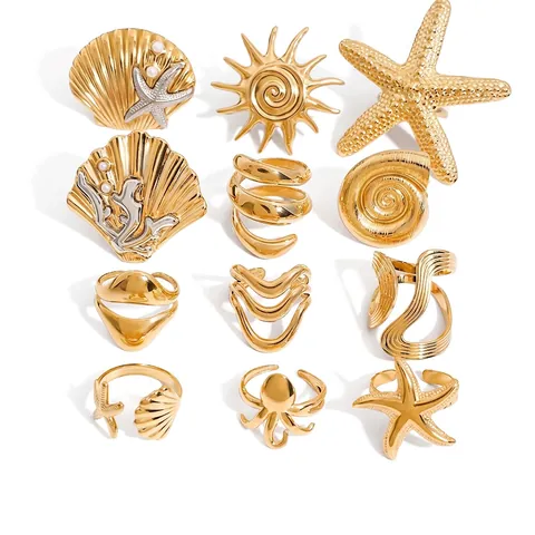 Oceaan Thema Ringen Zeester Schelp Octopus Roestvrij Staal Verguld Verstelbaar Waterdicht Sieraden Voor Vrouwen Mode