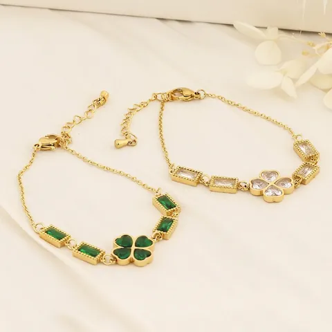 Bracciale In Acciaio Inossidabile Con Quadrifoglio E Fiore Zircone Rettangolare Catena Oro Regolabile Da Donna Elegante
