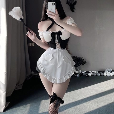 Sexy Dienstmädchen Kostüm Dessous Schulterfrei Schleife Rüschenschürze Polyester Spandex Cosplay Outfit Für Damen