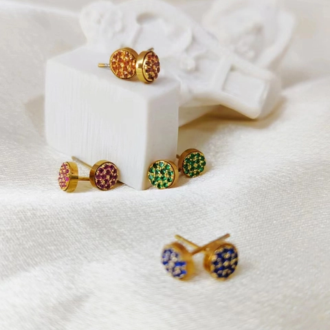 Stainless Steel Circle Pave Rhinestone Stud Earrings For Women Twelve Months Birthstone Gold Silver Rose Gold Jewelry