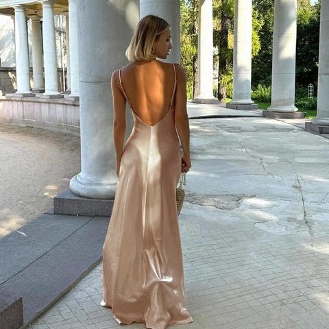 Elegant Satin Maxi Dress Backless V-Neck Spaghetti Strap Sleek Bodycon Evening Party Formal Slip Gown For Women