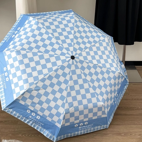 Blau Weiß Karierter Sonnenschirm Regenschirm Holzgriff Manuell Faltbar UV Schutz Floral Tragbar Winddicht