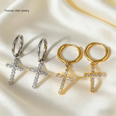 Titanium Steel Zirconia Cross Pendant Earrings For Women Gold Silver Electroplated Elegant Fashion Jewelry Drop Earrings