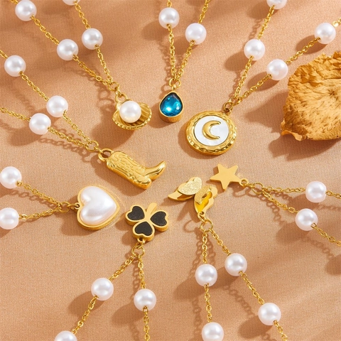 Elegant Faux Artificial Pearl Bracelet Gold Plated Stainless Steel Heart Butterfly Clover Shell Charms Adjustable Women Fashion Jewelry