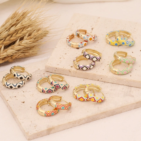 Vintage Enamel Hoop Earrings Copper Gold Plated Geometric Rhombus Ethnic Style Jewelry For Women