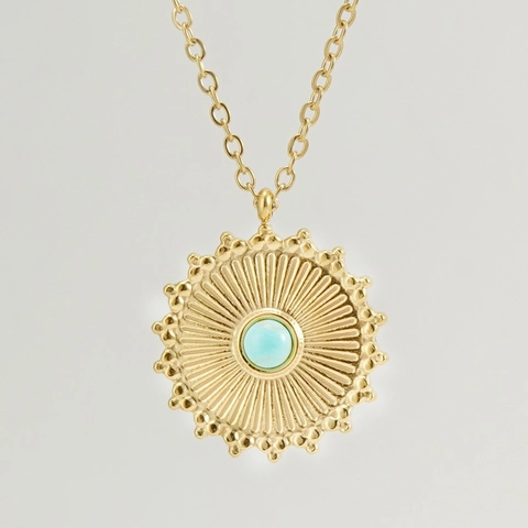 Runde Sonnenstrahl Halskette 18K Vergoldet Edelstahl Mit Türkis Retro Böhmisch Minimalistischer Schmuck Für Damen