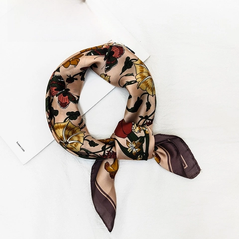 Damen Blumen Quadrat Schal Seidig Satin Halstuch Elegant Retro Blumen Insekten Druck Haar Accessoire