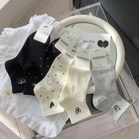 Chaussettes Mi-Tube Pour Femmes Mélange De Coton Respirant Broderie Dessin Animé Animal Nœud Pois Style Ins Japonais Mode