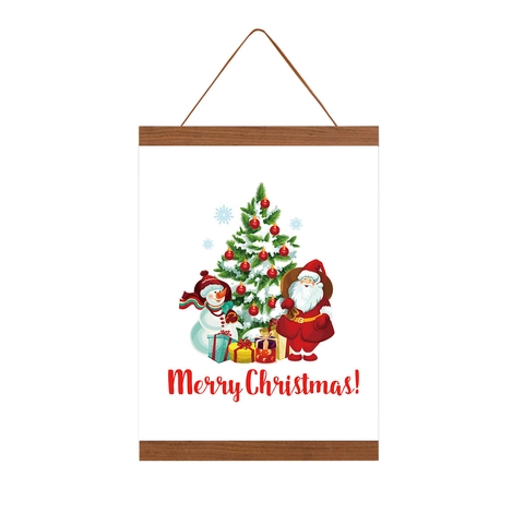 Christmas Magnetic Wooden Poster Hanger Frame Wall Art Canvas Scroll Snowman Santa Claus Holiday Decor For Home